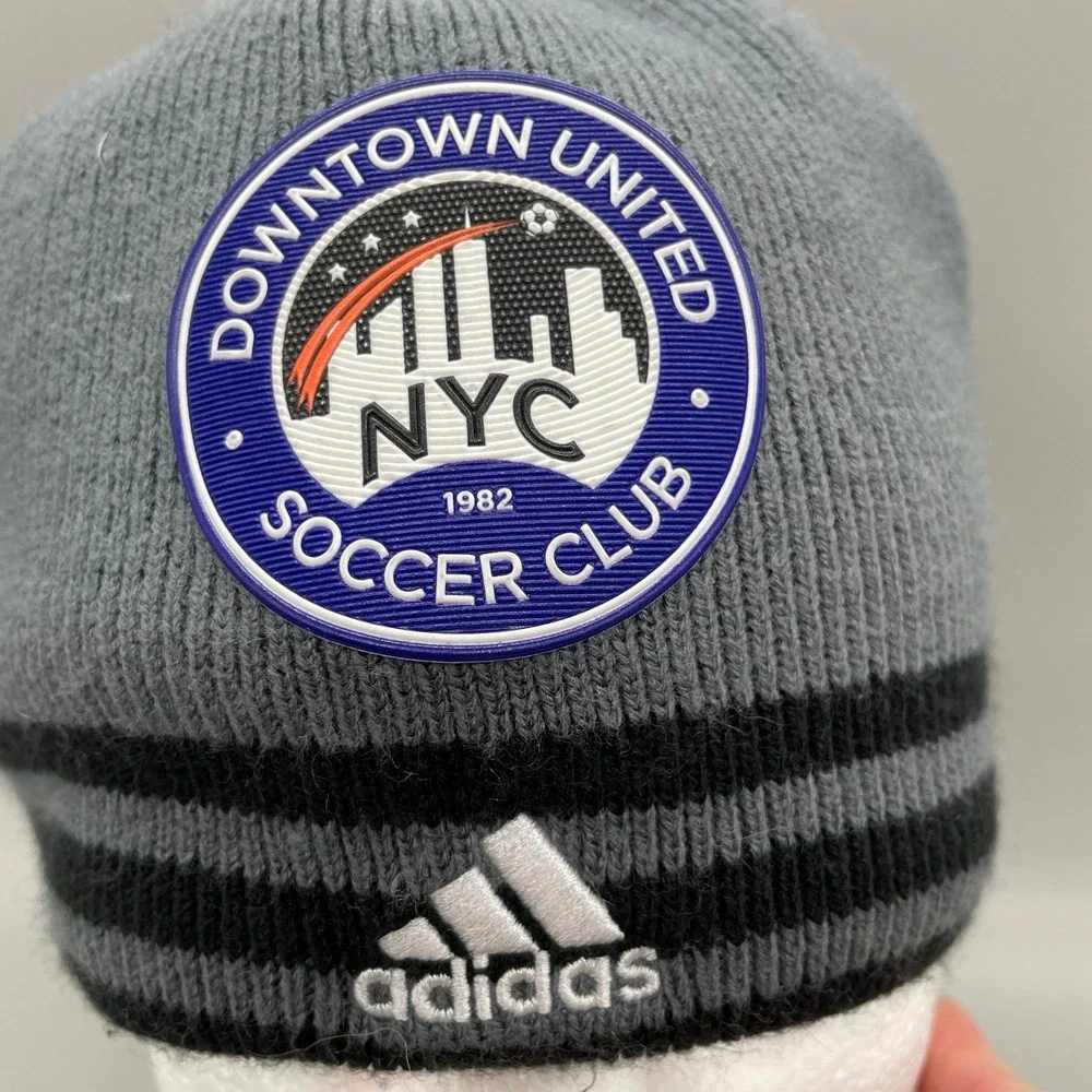 Adidas Beanie Hat Mens OSFM Grey Downtown United NYC Soccer Club Striped Knit